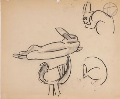 drawing of a drawing of a cat and a bird on a piece of paper