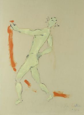 tableau représentant un homme nu tenant un objet rouge dans la main droite