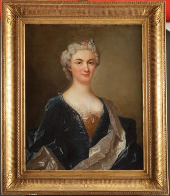 a painting of a woman in a blue dress with a gold frame