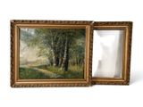 two framed paintings of trees and a path in a wooded area