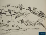 a black and white drawing of a man riding a horse