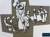 un dessin représentant un groupe de personnes debout, rassemblées
