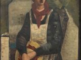 tableau représentant un homme coiffé d'un chapeau et portant un tablier, tenant un chapeau à la main