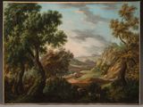 une peinture à l'huile représentant un paysage avec du bétail paissant au premier plan