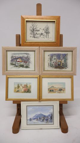 Lot de 5 aquarelles et 1 gravure. Signées dont Michel LOMBARD, C....