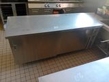 stainless steel counter top in a commercial kitchen with a stove and oven