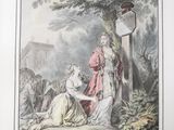 an old print of a woman and a man sitting under a tree
