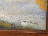 l'image d'une peinture représentant un arbre dans un champ avec un ciel en arrière-plan