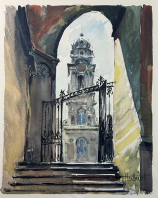 Franz HERBELOT (XXème) Vue depuis les escaliers