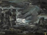 une image représentant un tableau représentant un paysage de montagne avec une pleine lune dans le ciel