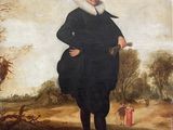 un vieux tableau représentant un homme vêtu d'un manteau noir à col blanc