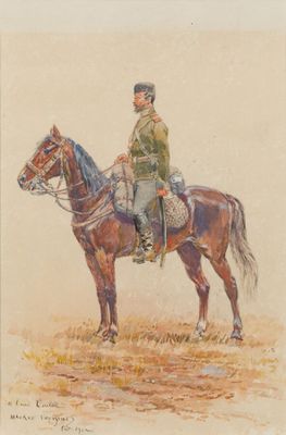 tableau représentant un homme en uniforme à cheval dans un champ