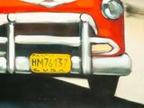 a painting of a red car with a yellow license plate on it