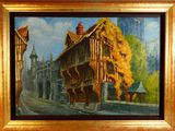 une peinture représentant un bâtiment, située au bord de la rue