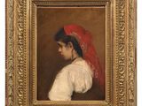 a painting of a woman wearing a red hat and a white blouse