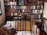 a couch that is in front of a bookshelf