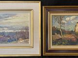 deux tableaux encadrés représentant des montagnes et des arbres sur fond noir