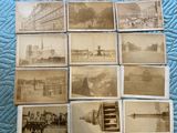 several old black and white photos of a train on a blue blanket