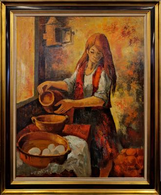 painting of a woman pouring eggs in a bowl on a table