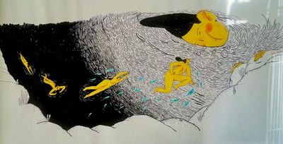 une photo d'un tableau représentant un chat et un homme