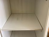 the shelves in the cupboard are white and have a few small holes on them