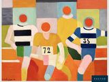 painting of a group of people sitting on a bench with numbers painted on them