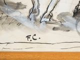 a drawing of a man riding a horse on a track