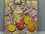 peinture représentant un tableau représentant un pichet et deux poires posés sur une table