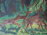 painting of three deer in a grassy area with trees and bushes