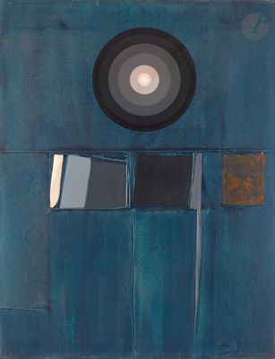 une image représentant un tableau sur lequel figure un carré bleu avec un cercle noir à l'intérieur