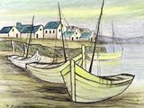 un dessin représentant une rangée de bateaux sur le rivage