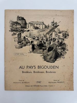 un vieux livre sur lequel figure le dessin d'un groupe de personnes assises sur une plage