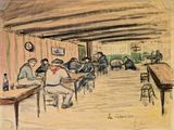 dessin représentant un groupe de personnes assises à des tables dans une pièce