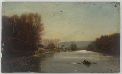 un tableau représentant un bateau sur une rivière, avec un village en arrière-plan