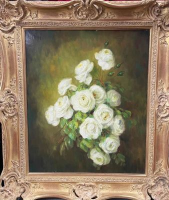 a picture of a painting of white roses in a gold frame