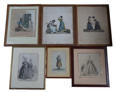 six reproductions encadrées représentant des femmes en robe et chapeau sur fond blanc