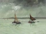 two boats that are in the water under a cloudy sky