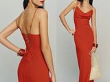 two pictures of a woman in a red dress posing for a picture