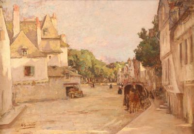 a painting of a horse drawn carriage on a street