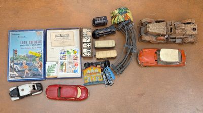 a lot of toy cars and books on the floor
