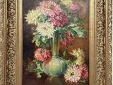 a painting of flowers in a vase on a table