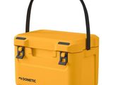 a yellow cooler box with handles and handles on a white background