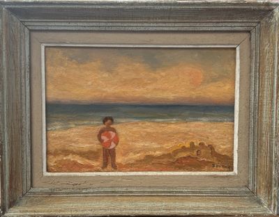 an oil painting of a boy on the beach by the ocean