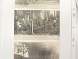 two pictures of people riding horses in the woods