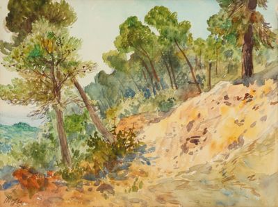 une aquarelle représentant des arbres sur le flanc d'une colline