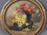 a painting of flowers in a blue vase on a table