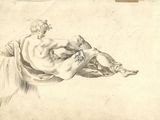 un vieux dessin représentant un homme allongé sur le dos, la tête entre les mains