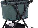 a close up of a green shopping cart on a white background