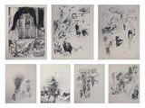 six dessins représentant des personnes et des animaux dans diverses poses, sur fond blanc