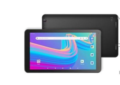 the tablet is shown with a black screen and a white keyboard